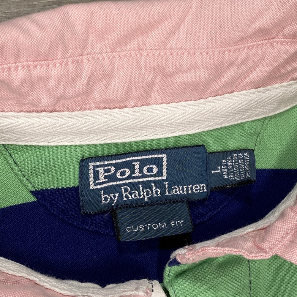Polo Ralph Lauren Polo Shirt Mens Large Green Navy Striped Custom Fit Rugby Logo - Picture 3 of 16